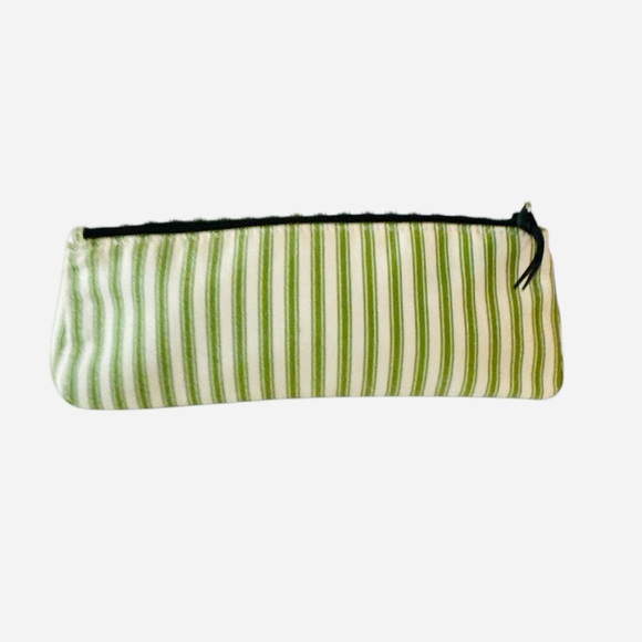 Kate Spade Vintage Pencil Case Green White Ticking Striped Canvas Preppy New - Picture 3 of 8
